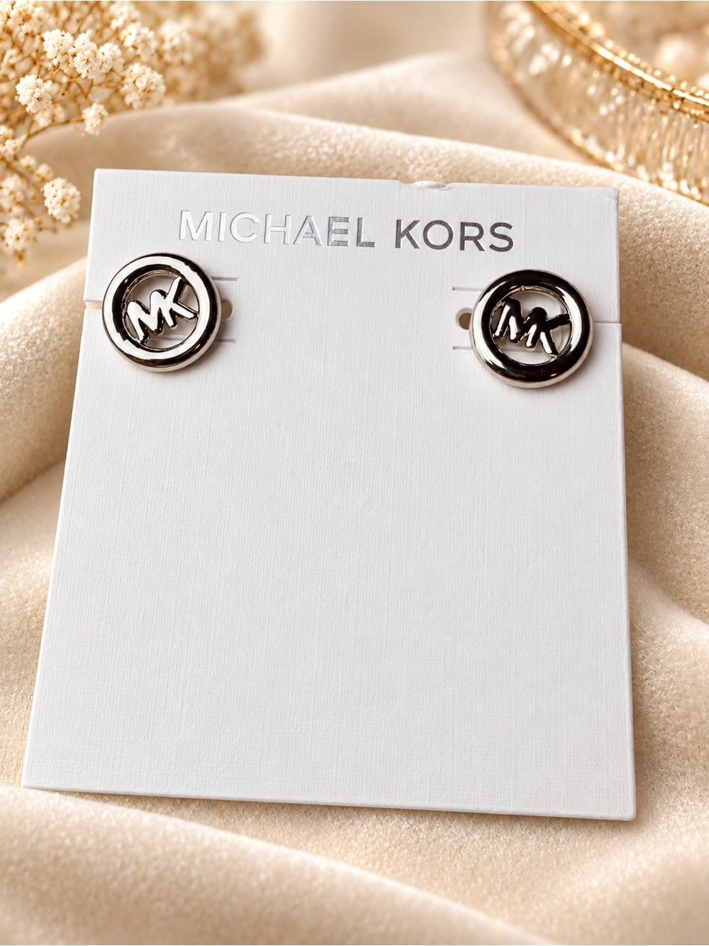 Michael Kors Polished Silver MK Circle Stud Earrings